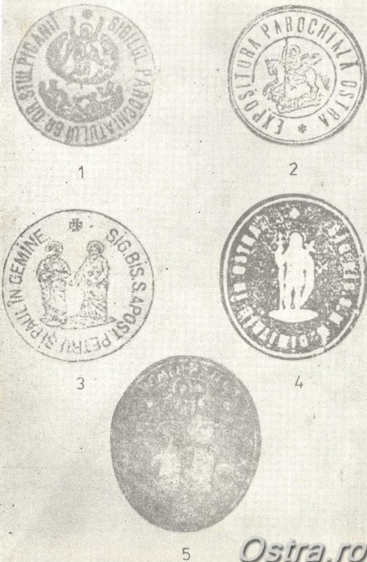 Pecete bisericeşti: 1.Stulpicani, 2 şi 4 Ostra, 3 şi 5 Gemenea  